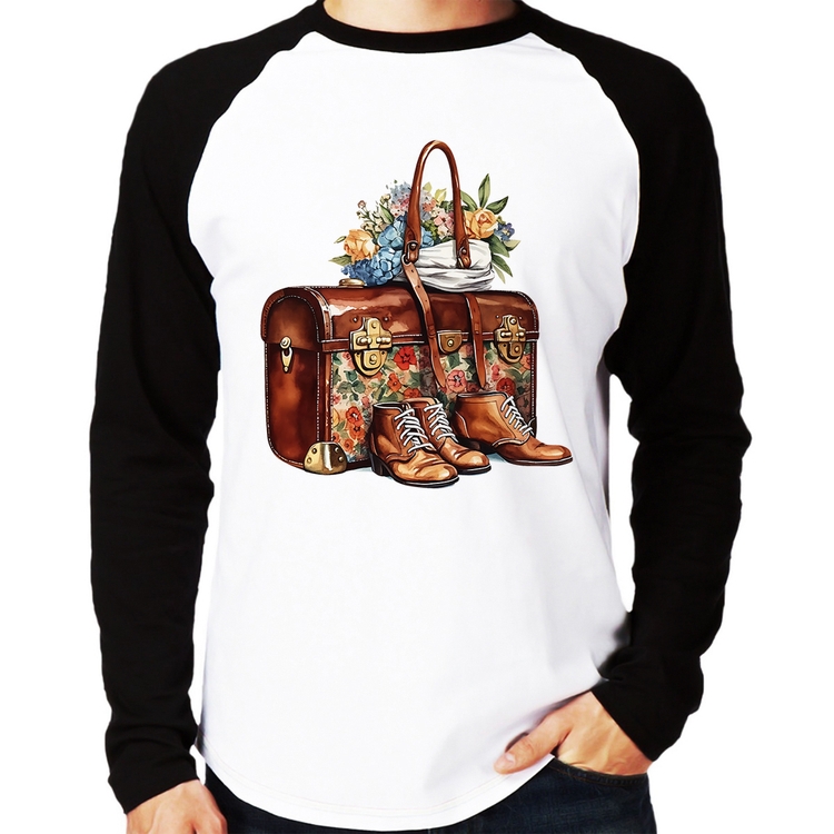 Camiseta Raglan Mala e Botas Retrô Flores Manga Longa