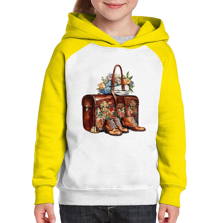 Moletom Infantil Mala e Botas Retrô Flores - Branco/Amarelo