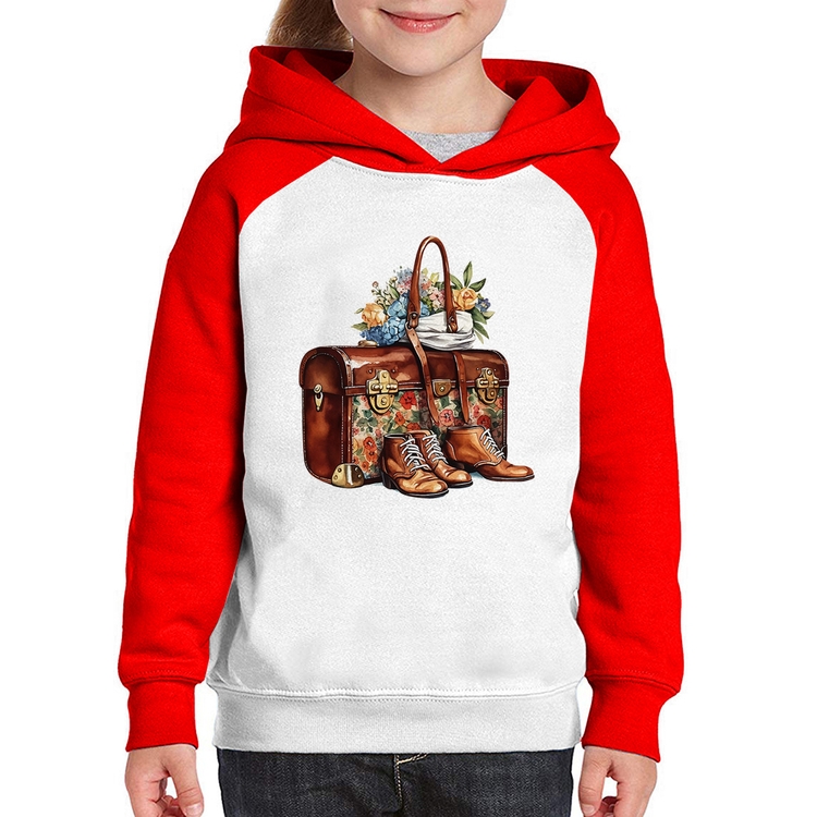 Moletom Infantil Mala e Botas Retrô Flores - Branco/Vermelho