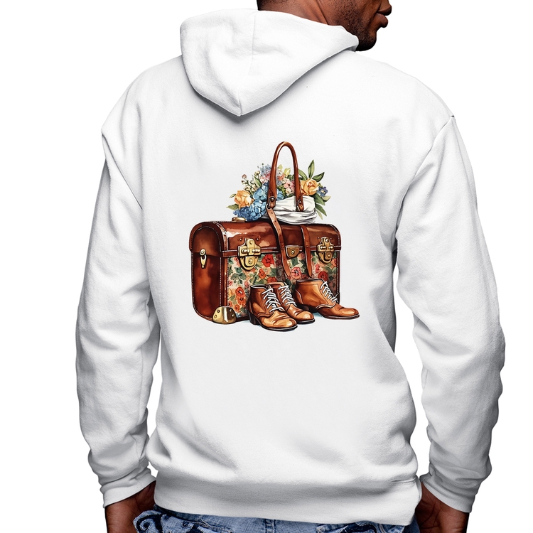 Blusa Moletom Mala e Botas Retrô Flores Masculina com Capuz e Zíper - Branca