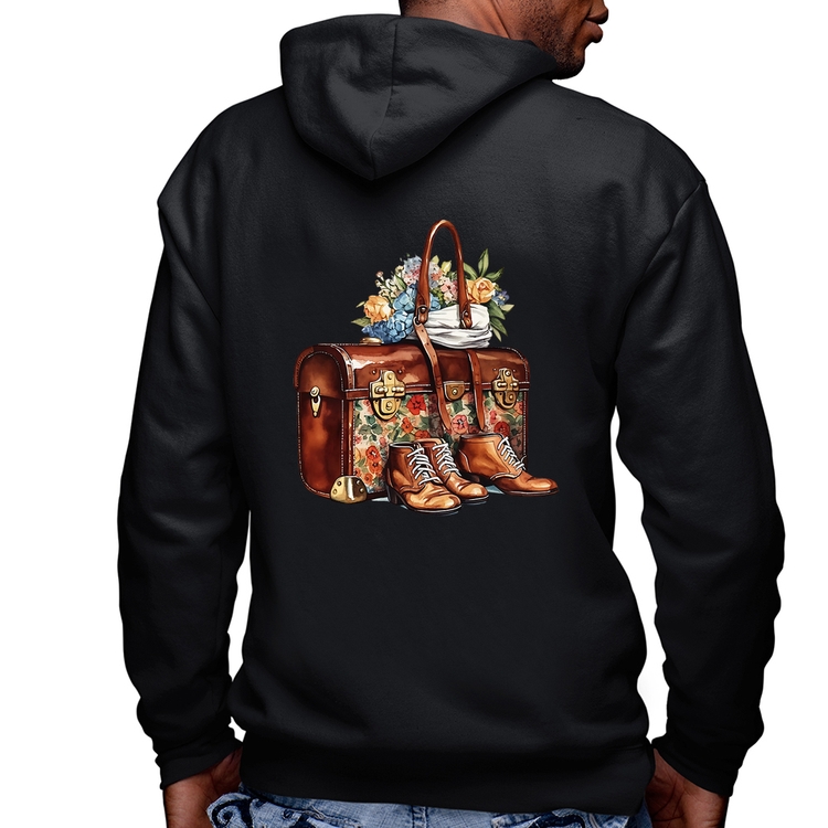 Blusa Moletom Mala e Botas Retrô Flores Masculina com Capuz e Zíper