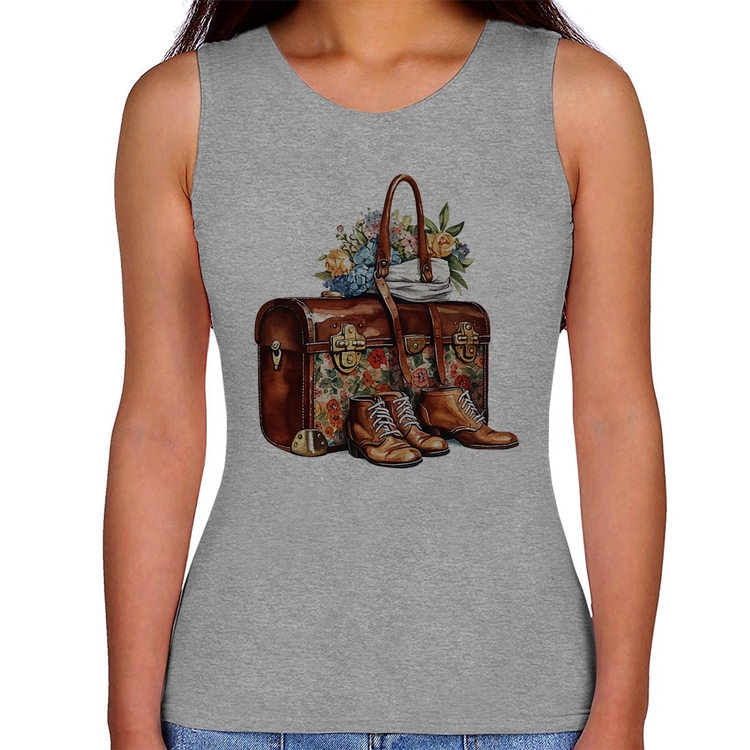 Regata Feminina Mala e Botas Retrô Flores - Cinza
