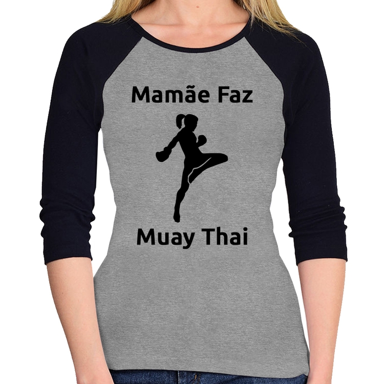 Baby Look Raglan Mamãe Faz Muay Thai Manga 3/4 - Cinza/Preto