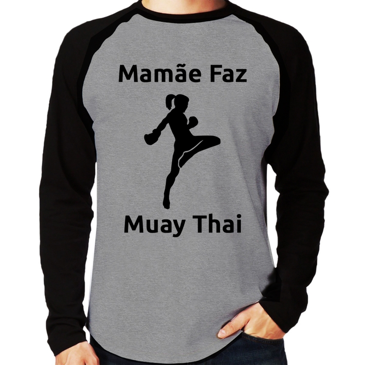 Camiseta Raglan Mamãe Faz Muay Thai Manga Longa - Cinza/Preto