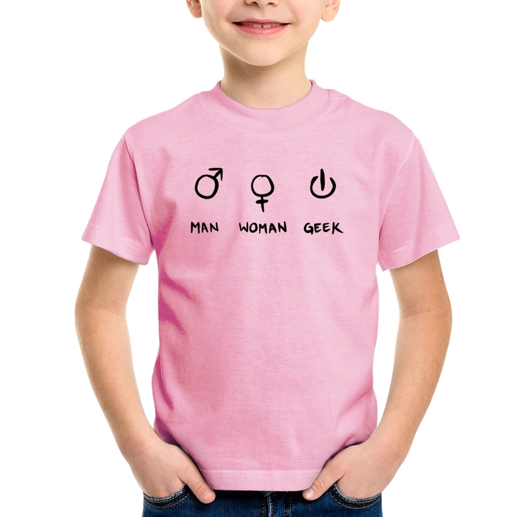Camiseta Infantil Man Woman Geek - Rosa Bebê