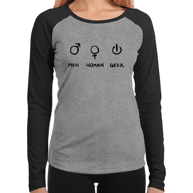 Baby Look Raglan Man Woman Geek Manga Longa - Cinza/Preto