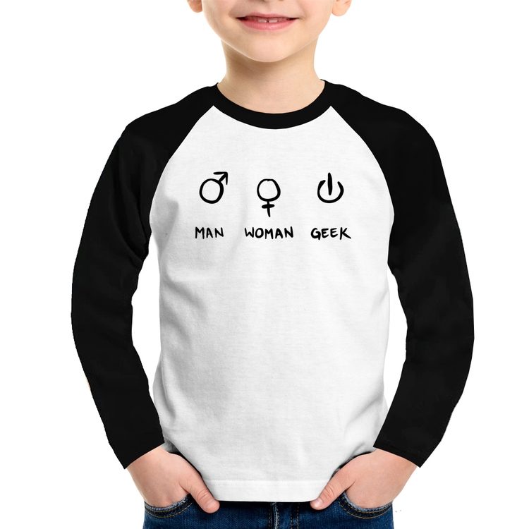 Camiseta Raglan Infantil Man Woman Geek Manga Longa