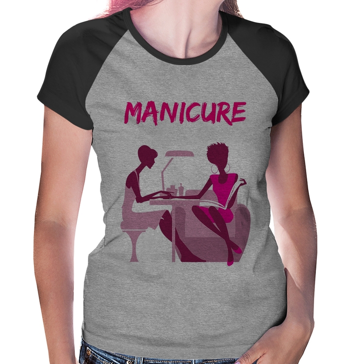 Baby Look Raglan Manicure - Cinza/Preto