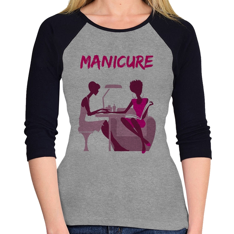 Baby Look Raglan Manicure Manga 3/4 - Cinza/Preto