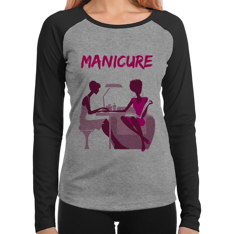 Baby Look Raglan Manicure Manga Longa - Cinza/Preto