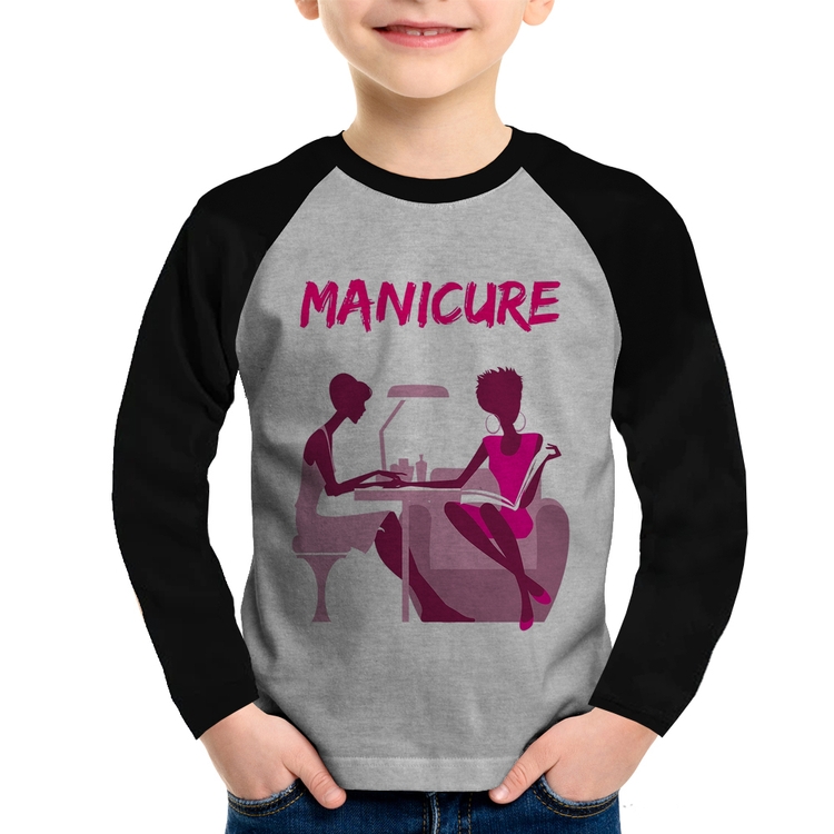 Camiseta Raglan Infantil Manicure Manga Longa - Cinza/Preto