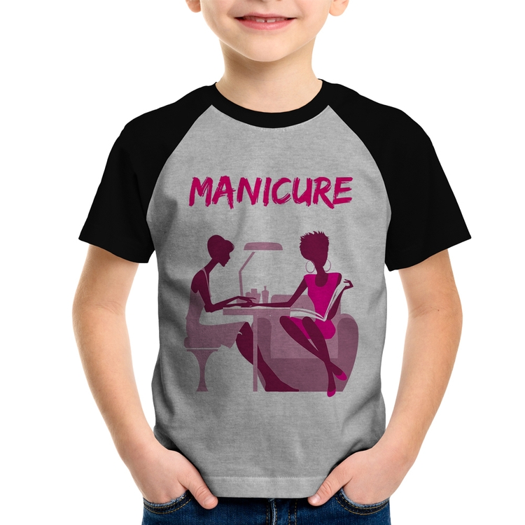 Camiseta Raglan Infantil Manicure - Cinza/Preto