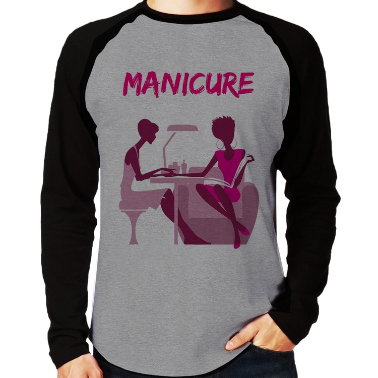 Camiseta Raglan Manicure Manga Longa - Cinza/Preto