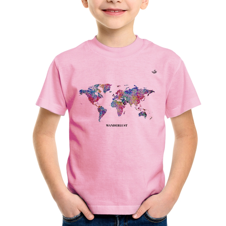 Camiseta Infantil Mapa mundi mosaico - Rosa Bebê