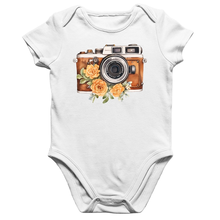 Body Bebê Algodão Máquina Fotográfica Vintage e Flores - Branco