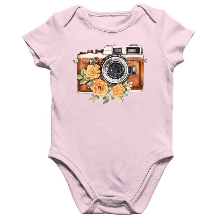Body Bebê Algodão Máquina Fotográfica Vintage e Flores - Rosa Bebê