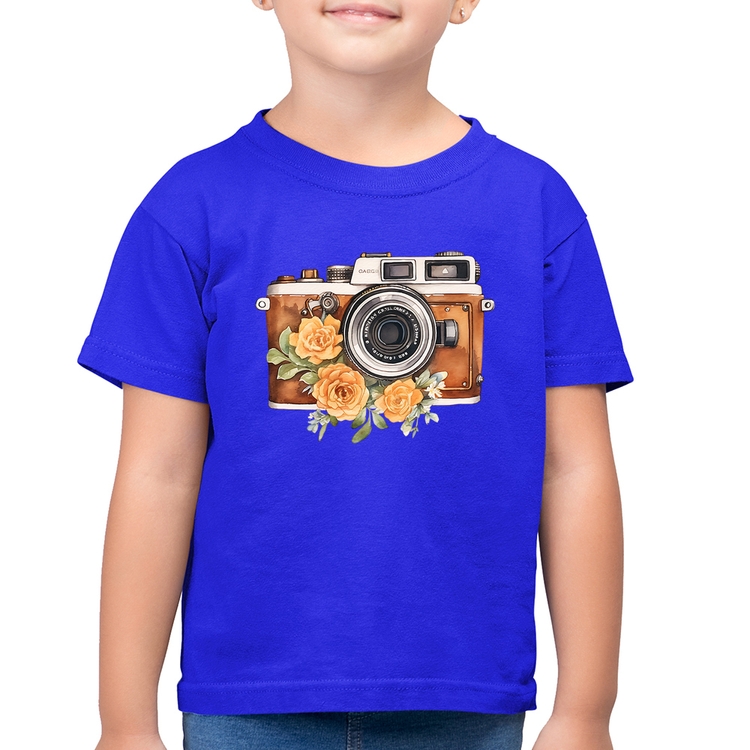 Camiseta Algodão Infantil Máquina Fotográfica Vintage e Flores - Azul Royal