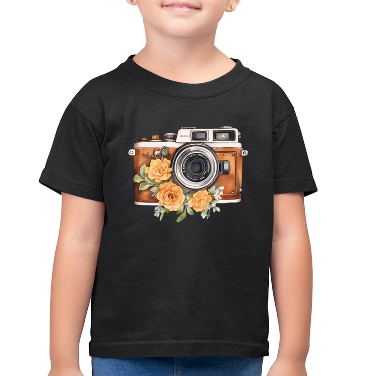 Camiseta Algodão Infantil Máquina Fotográfica Vintage e Flores