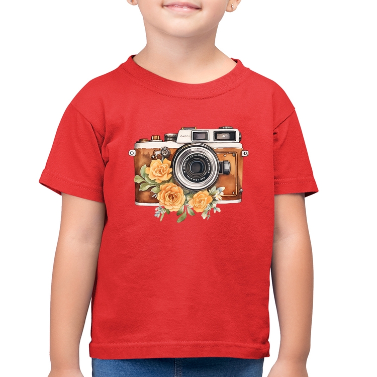 Camiseta Algodão Infantil Máquina Fotográfica Vintage e Flores - Vermelha