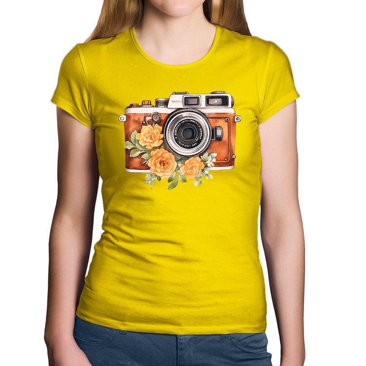 Baby Look Algodão Máquina Fotográfica Vintage e Flores - Amarela