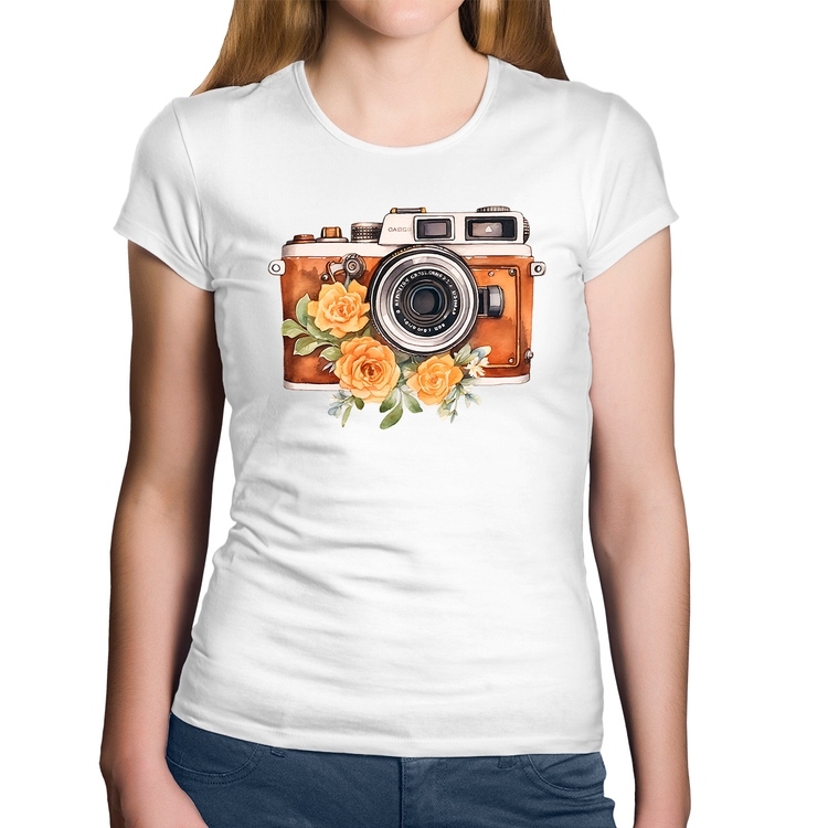 Baby Look Algodão Máquina Fotográfica Vintage e Flores - Branca