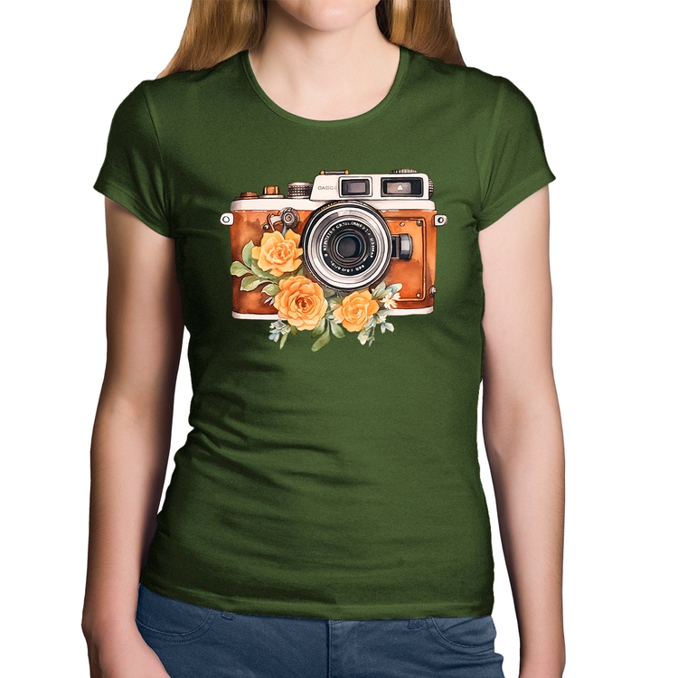 Baby Look Algodão Máquina Fotográfica Vintage e Flores - Musgo