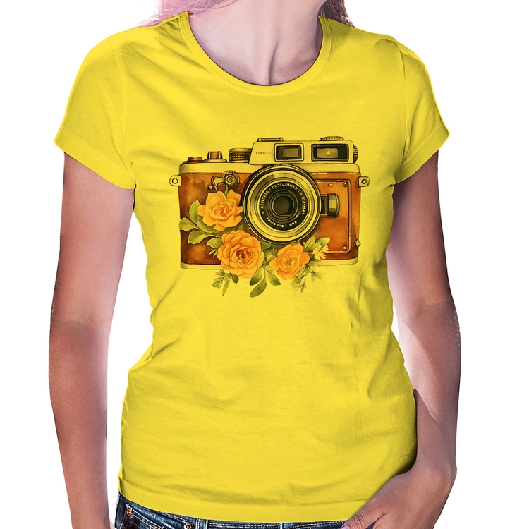 Baby Look Máquina Fotográfica Vintage e Flores - Amarela