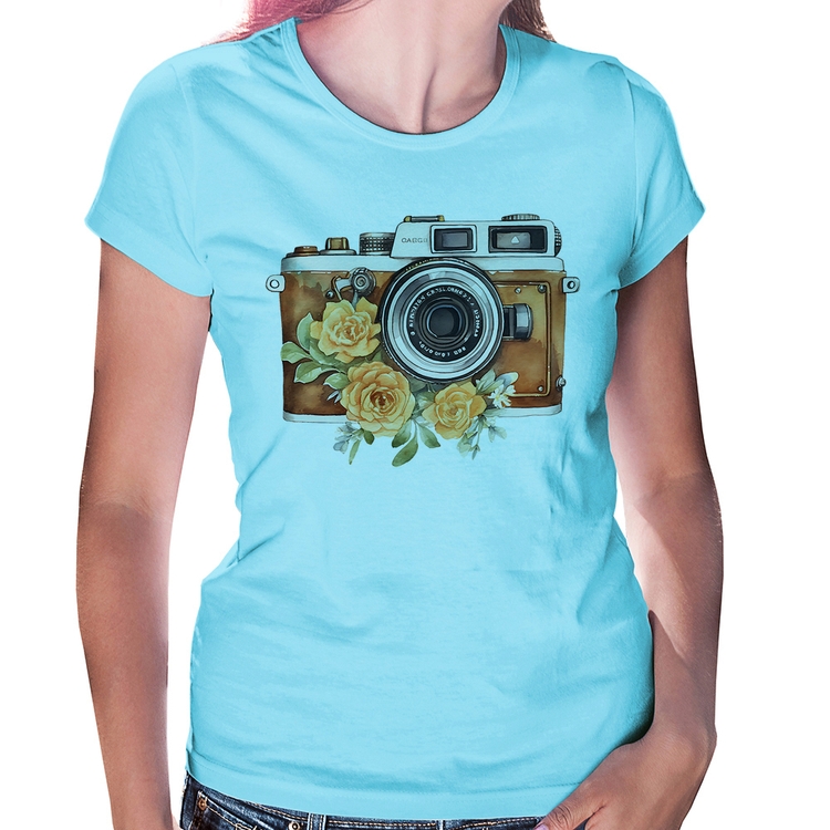 Baby Look Máquina Fotográfica Vintage e Flores - Azul Bebê