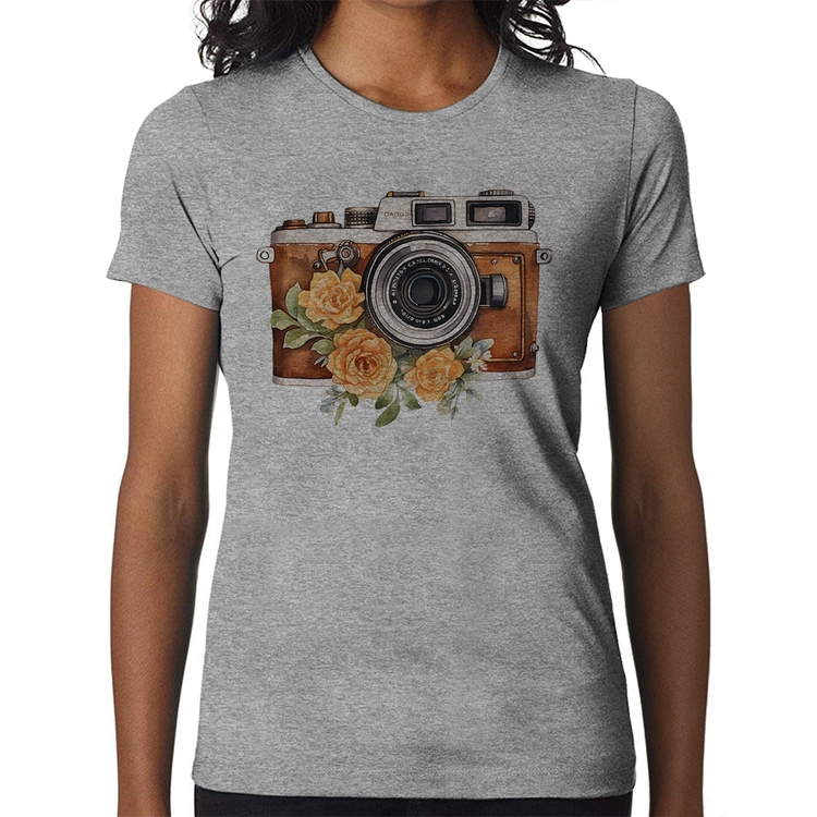 Baby Look Máquina Fotográfica Vintage e Flores - Cinza