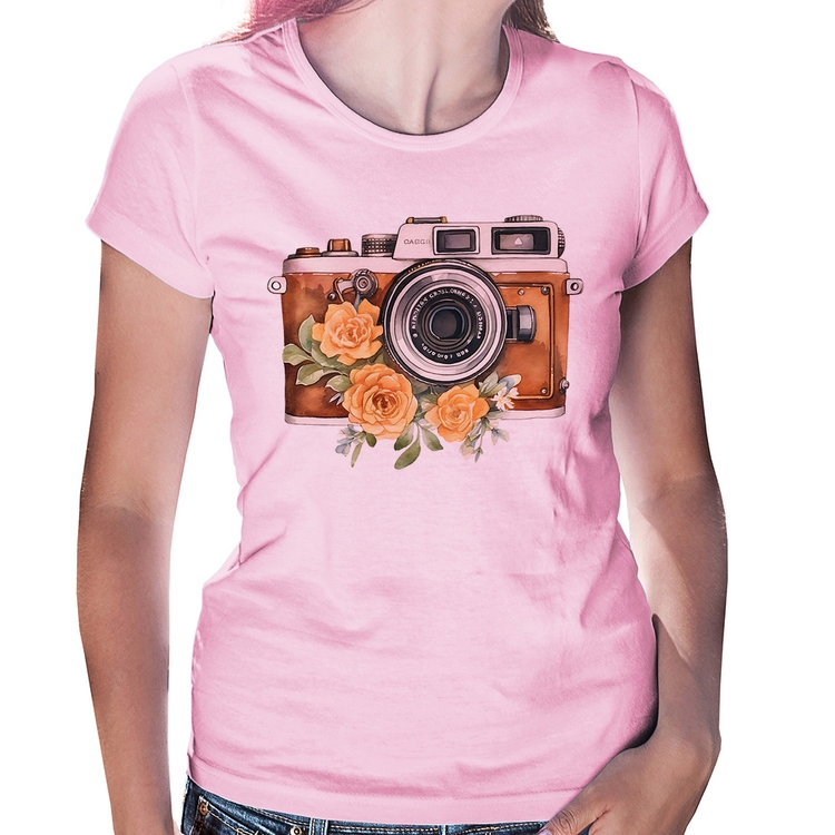 Baby Look Máquina Fotográfica Vintage e Flores - Rosa Bebê