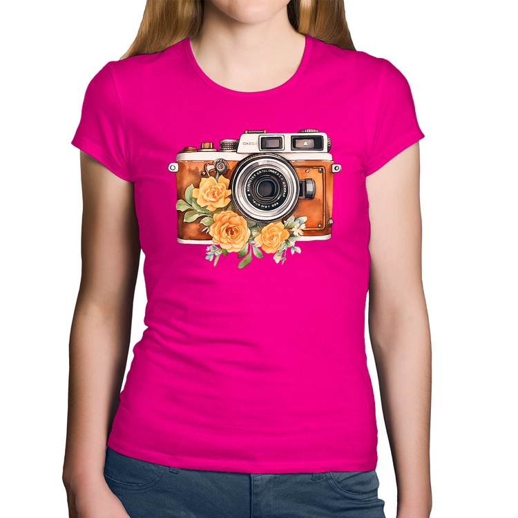 Baby Look Algodão Máquina Fotográfica Vintage e Flores - Rosa