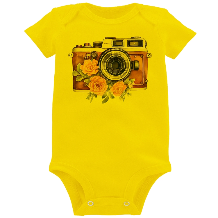 Body Bebê Máquina Fotográfica Vintage e Flores - Amarelo