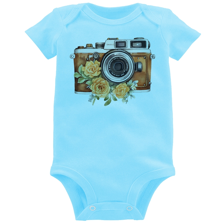Body Bebê Máquina Fotográfica Vintage e Flores - Azul Bebê