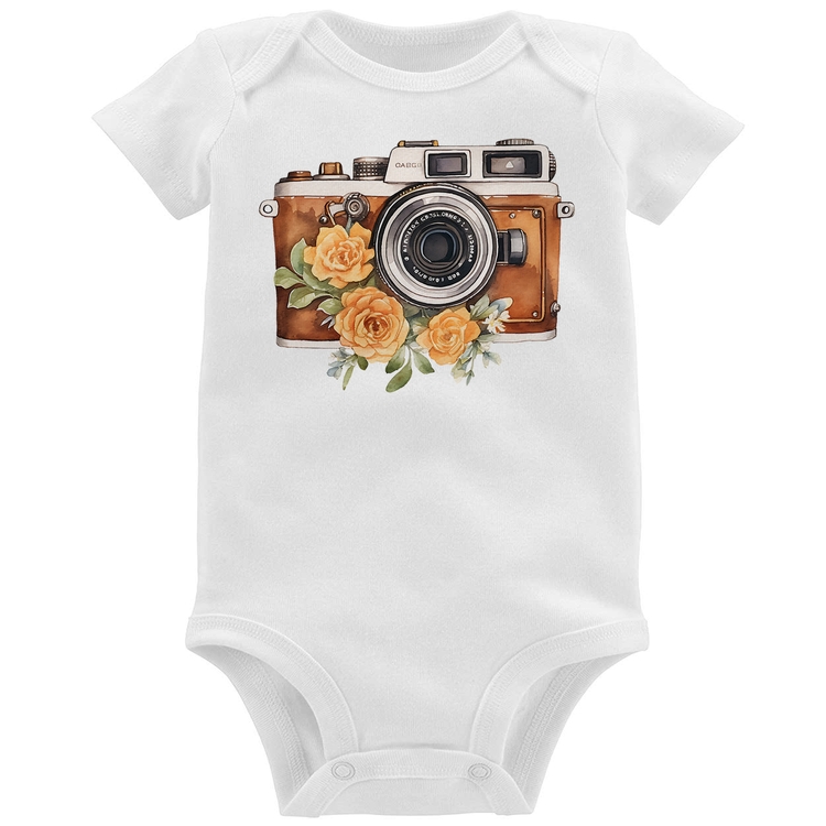 Body Bebê Máquina Fotográfica Vintage e Flores