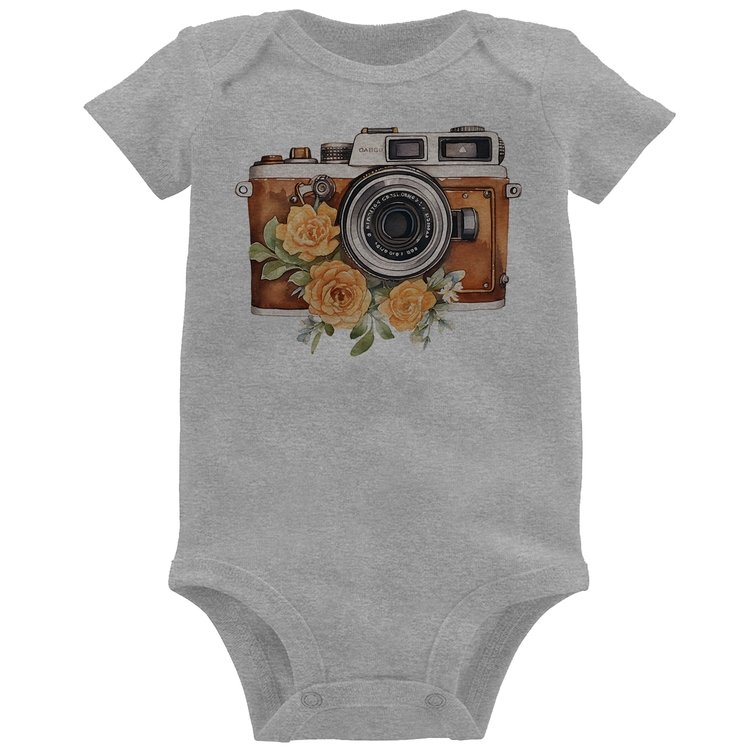 Body Bebê Máquina Fotográfica Vintage e Flores - Cinza