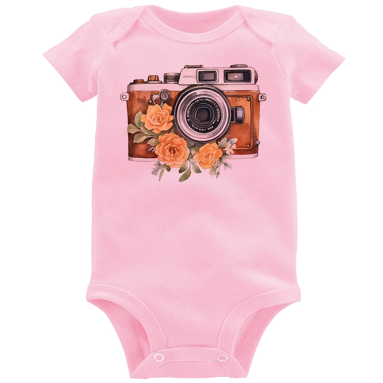 Body Bebê Máquina Fotográfica Vintage e Flores - Rosa Bebê