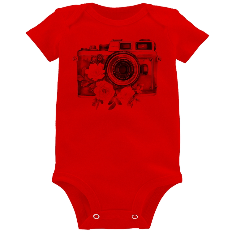 Body Bebê Máquina Fotográfica Vintage e Flores - Vermelho