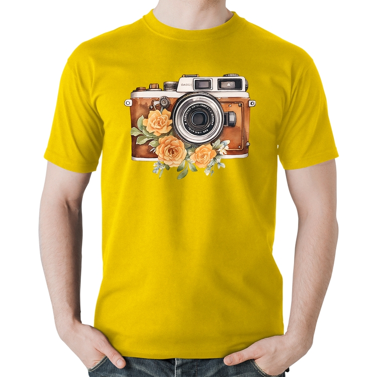 Camiseta Algodão Máquina Fotográfica Vintage e Flores - Amarela