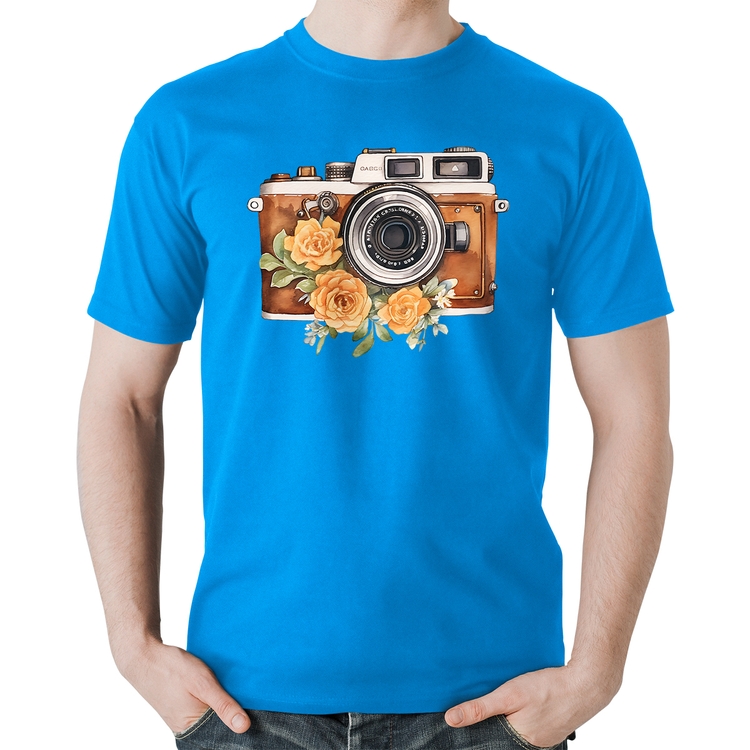 Camiseta Algodão Máquina Fotográfica Vintage e Flores - Azul