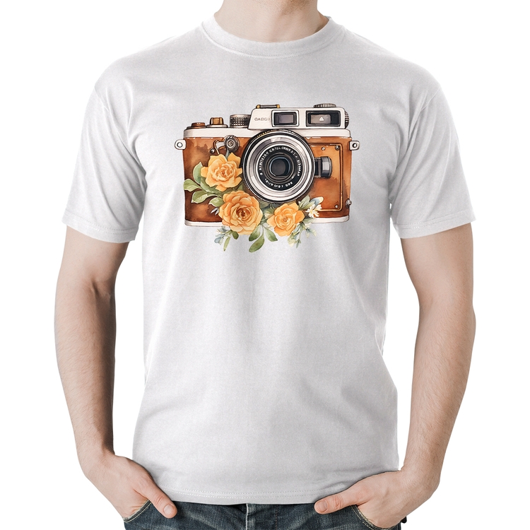 Camiseta Algodão Máquina Fotográfica Vintage e Flores - Branca