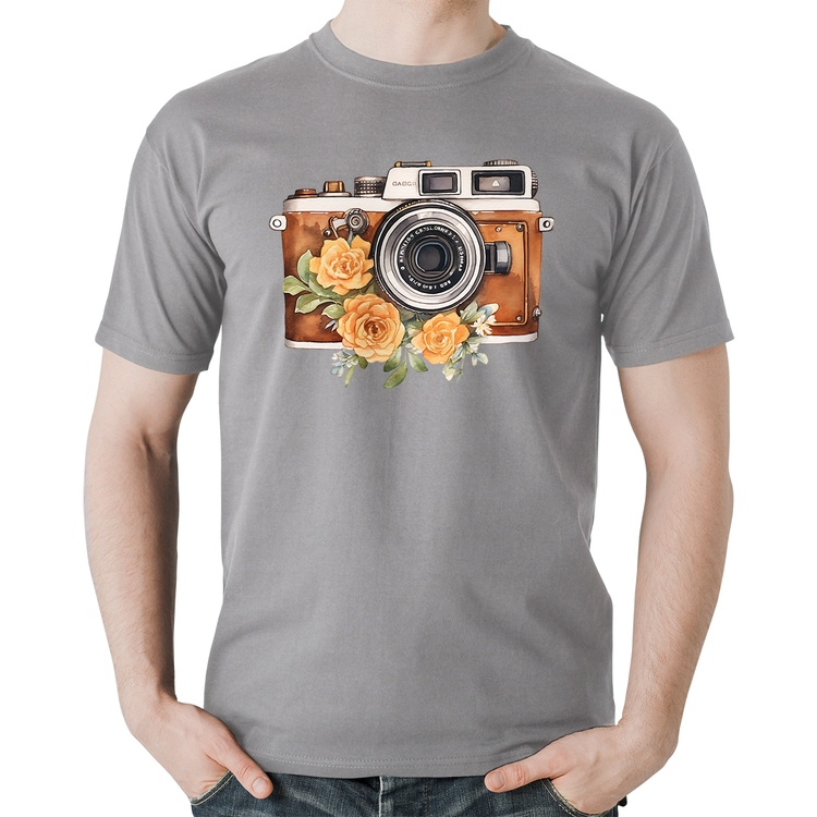 Camiseta Algodão Máquina Fotográfica Vintage e Flores - Cinza