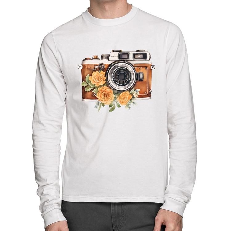 Camiseta Algodão Máquina Fotográfica Vintage e Flores Manga Longa - Branca