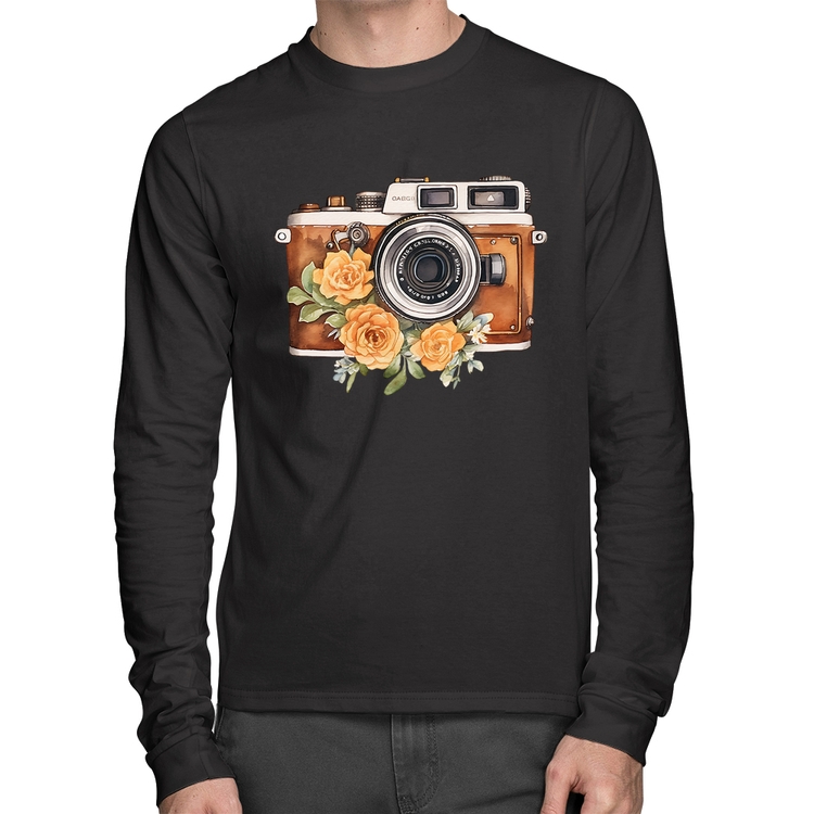 Camiseta Algodão Máquina Fotográfica Vintage e Flores Manga Longa