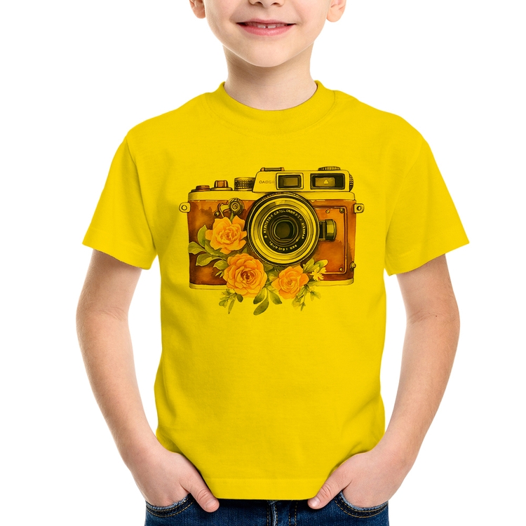 Camiseta Infantil Máquina Fotográfica Vintage e Flores - Amarela