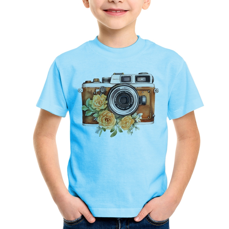 Camiseta Infantil Máquina Fotográfica Vintage e Flores - Azul Bebê