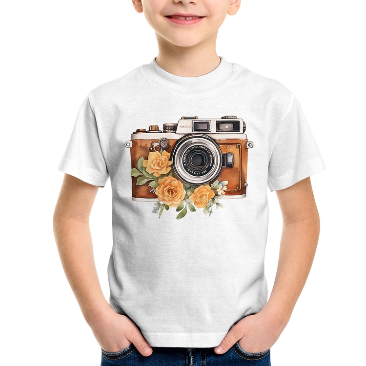Camiseta Infantil Máquina Fotográfica Vintage e Flores