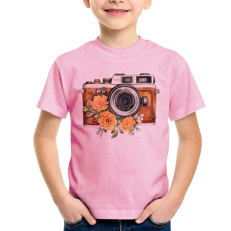 Camiseta Infantil Máquina Fotográfica Vintage e Flores - Rosa Bebê