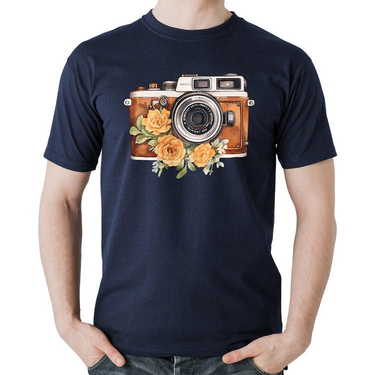 Camiseta Algodão Máquina Fotográfica Vintage e Flores - Marinho