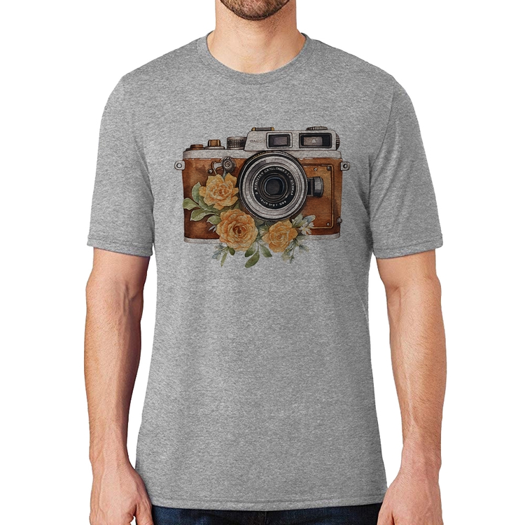 Camiseta Máquina Fotográfica Vintage e Flores - Cinza