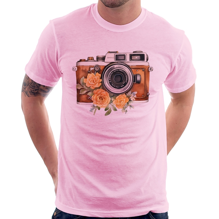 Camiseta Máquina Fotográfica Vintage e Flores - Rosa Bebê